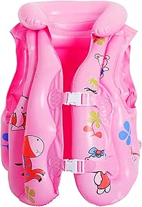 9250721401124PNK - Computech-Solutions Pink kid's life jacket with cartoon animals and butterfly patterns, front view with two adjustable buckles and straps for safety afloat.