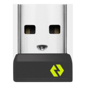 Metal USB flash drive with a dark base and a bright lime geometric logo, the metal plug area featuring two square eye-like holes and a small nose-like notch, giving a cute face.