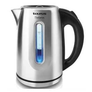 Stainless steel electric kettle with a black handle and a blue vertical water level indicator, branded Taurus Selene, on a white background.