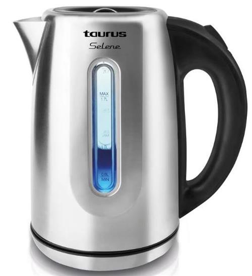 958515 - Computech-Solutions Stainless steel electric kettle with a black handle and a blue vertical water level indicator, branded Taurus Selene, on a white background.