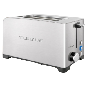 Stainless steel two-slot toaster with wide slots, 'taurus' branding on the side, and black control knob with blue and gray buttons on the right.