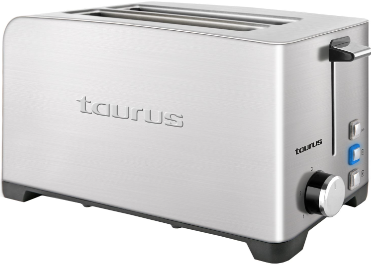 960641 - Computech-Solutions Stainless steel two-slot toaster with wide slots, 'taurus' branding on the side, and black control knob with blue and gray buttons on the right.