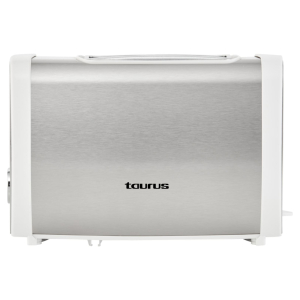 Toaster with brushed stainless steel front and white sides, Taurus brand visible on the panel