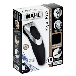 9639-016 - Computech-Solutions WAHL Style Pro cordless hair clipper kit box with 18 pieces and soft zipper case, shows product name and image of clipper tool on front