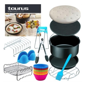 Collage of Taurus bakeware and air fryer accessories, including racks, pans, silicone inserts, muffin cups, tongs, and spatula.