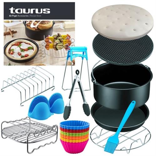 973001 - Computech-Solutions Collage of Taurus bakeware and air fryer accessories, including racks, pans, silicone inserts, muffin cups, tongs, and spatula.