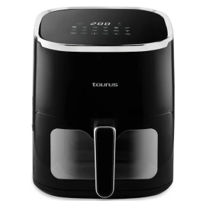 Front view of a black Taurus air fryer with chrome trim and a digital control panel on top.