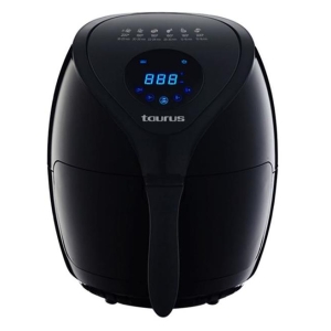 Black Taurus air fryer with a curved top, front handle, and blue LED control display showing numbers.