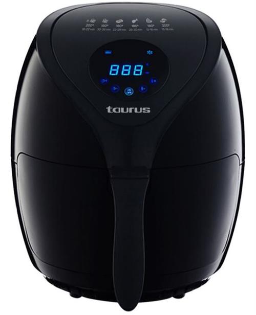 Black Taurus air fryer with a curved top, front handle, and blue LED control display showing numbers.