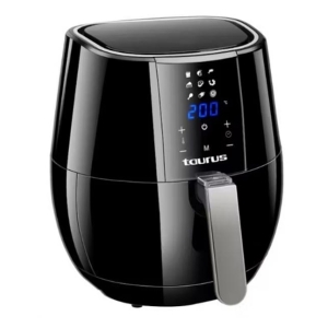 Black Taurus air fryer with a digital touch control panel showing 200°C and a silver handle on the front.