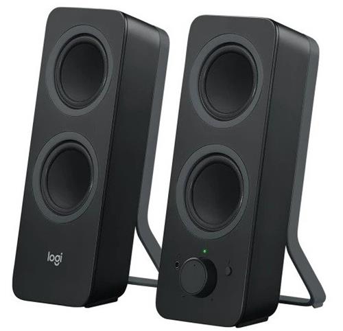 980-001295 - Computech-Solutions Pair of black Logitech desktop speakers with two drivers each and a volume knob on the right speaker.
