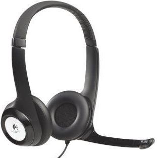 981-000406 - Computech-Solutions Black Logitech over-ear headset with a boom microphone and wired connection.