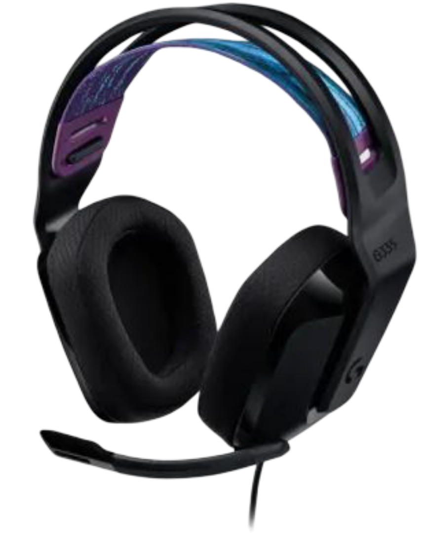 981-000978 - Computech-Solutions Over-ear black gaming headset with a mounted microphone and a colored headband accent (purple/blue)
