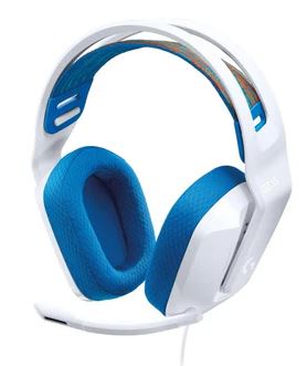 981-001018 - Computech-Solutions White and blue over-ear headset with padded blue cushions and a attached mic, likely a gaming headset.
