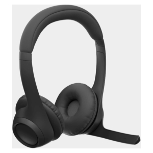 Black over-ear headset with cushioned ear cups and attached boom microphone on a curved headband, viewed from front-left.