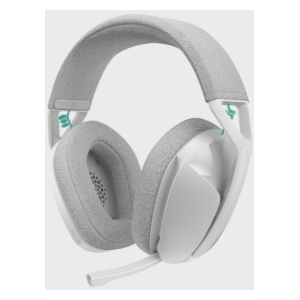 White over-ear headset with gray fabric cushions and a retractable mic, shown from the side.