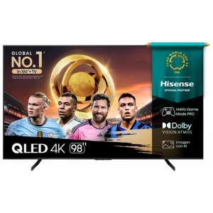 Large advertisement banner on a 98" QLED 4K TV showing four soccer players in front of a golden World Cup trophy, with FIFA World Cup and Hisense logos on the right side.