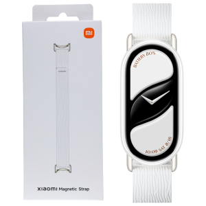 Boxed Xiaomi Magnetic Strap with the product and a white smartwatch showing a white textured strap beside it, on a white background.
