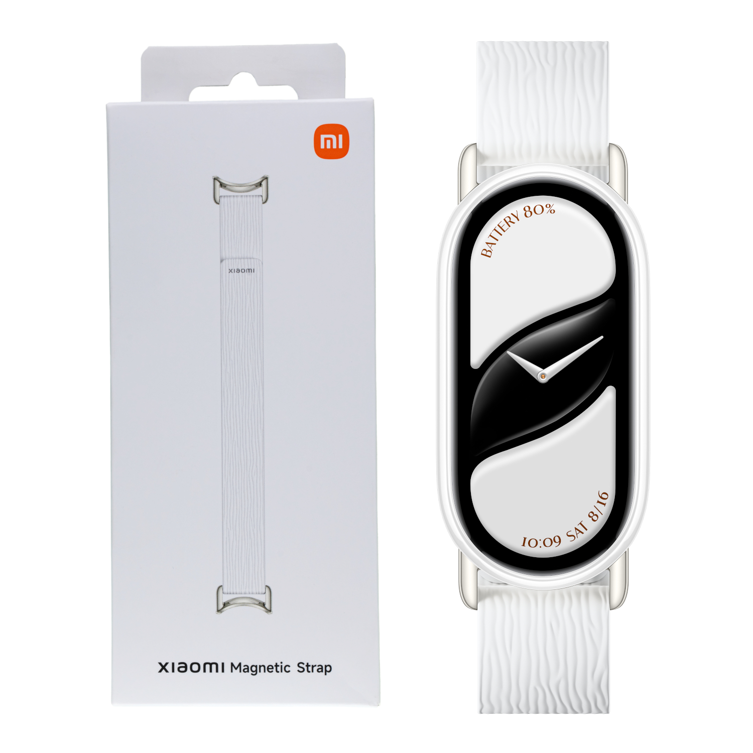 BHR07Y8GL_Xiaomi-Smart-Band-10-Magnetic-Strap-Glacier-White_wr_01bjpg - Computech-Solutions Boxed Xiaomi Magnetic Strap with the product and a white smartwatch showing a white textured strap beside it, on a white background.