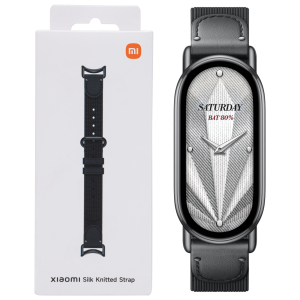 BHR07Y9GL_Xiaomi-Smart-Band-10-Knitted-Silk-Strap-Ebony-Black_wr_01bjpg - Computech-Solutions Xiaomi Silk Knitted Strap packaging beside a smartwatch with a matching knitted strap.