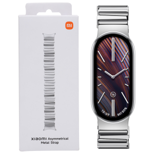 Box for Xiaomi Asymmetrical Metal Strap beside a silver smartwatch with a striped blue dial and metal band.”,