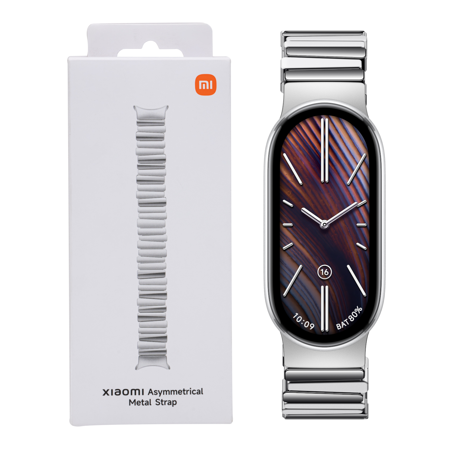 BHR07YHGL_Xiaomi-Smart-Band-10-Asymmetrical-Metal-Strap-Silver_wr_01bjpg - Computech-Solutions Box for Xiaomi Asymmetrical Metal Strap beside a silver smartwatch with a striped blue dial and metal band.”,