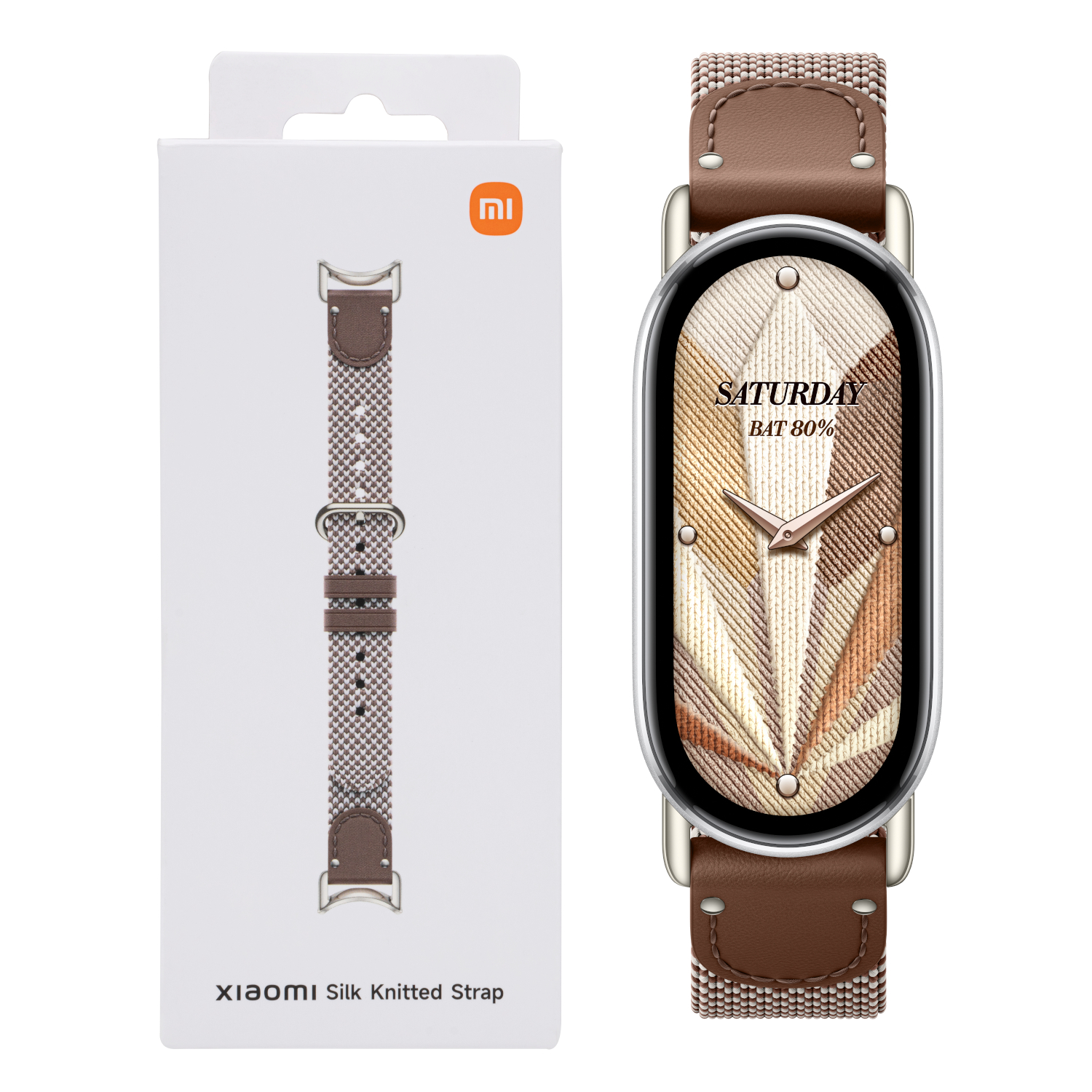 BHR07YJGL_Xiaomi-Smart-Band-10-Knitted-Silk-Strap-Feather-Brown_wr_01bjpg - Computech-Solutions Xiaomi Silk Knitted Strap packaging next to a smartwatch with a brown knitted strap