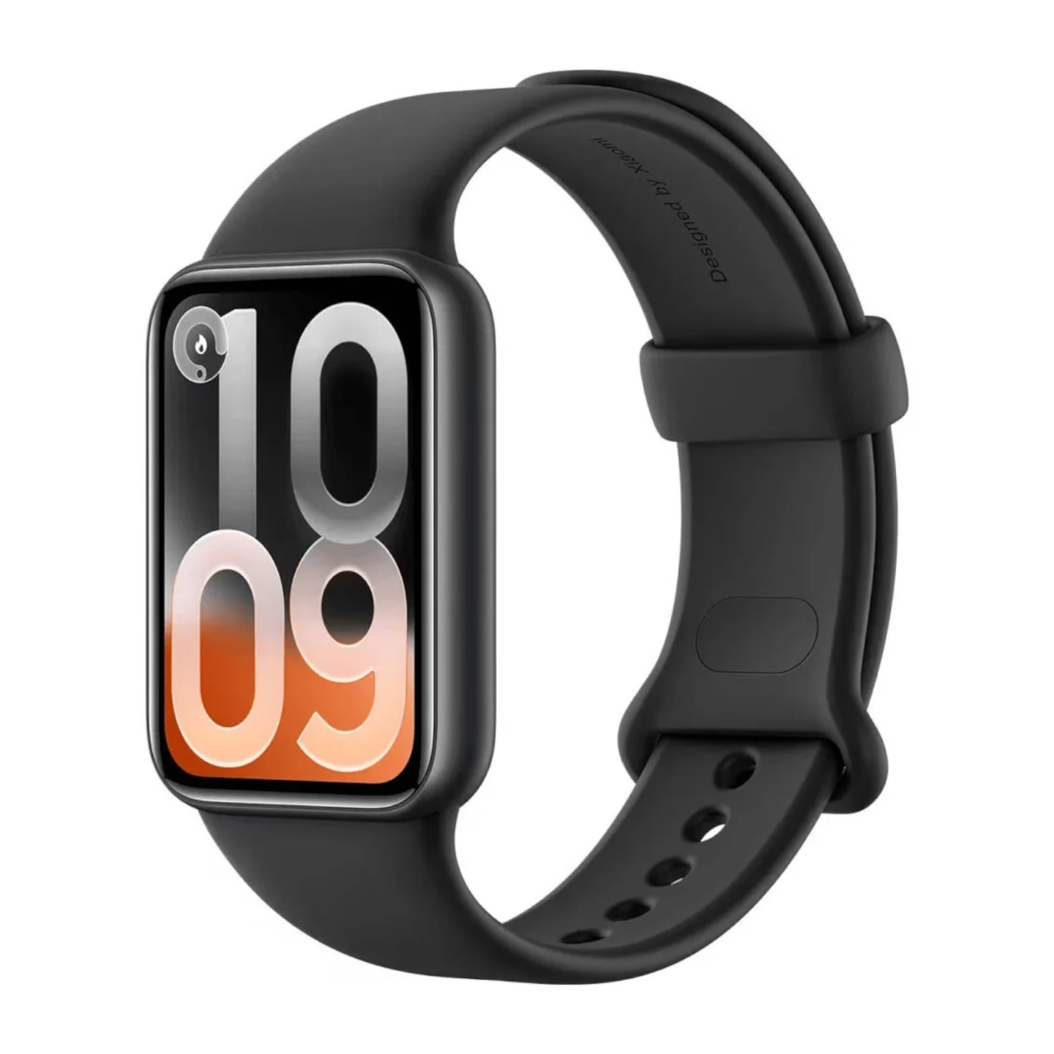 BHR08W9GL_Xiaomi-Smart-Band-10-Pro-BLk_wr01jpeg - Computech-Solutions Black smartwatch with a silicone strap shown at an angled side view, highlighting the large screen fixture and rounded edges, white background