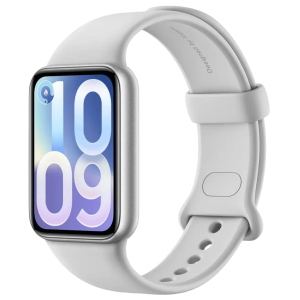 BHR08WBGL_Xiaomi-Smart-Band-10-Pro--Glacier-Silver_01jpg - Computech-Solutions White smartwatch with a light gray band and silver case, screen showing a blue–purple numeric wallpaper.