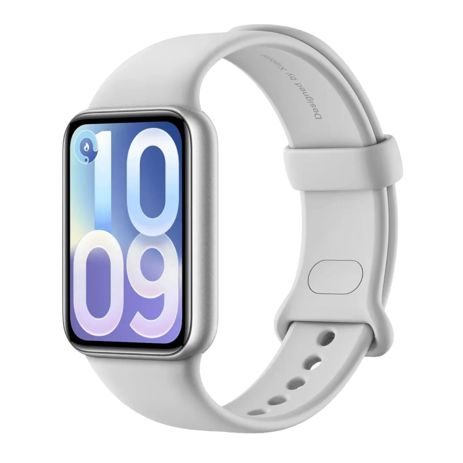 BHR08WBGL_Xiaomi-Smart-Band-10-Pro--Glacier-Silver_01jpg - Computech-Solutions White smartwatch with a light gray band and silver case, screen showing a blue–purple numeric wallpaper.