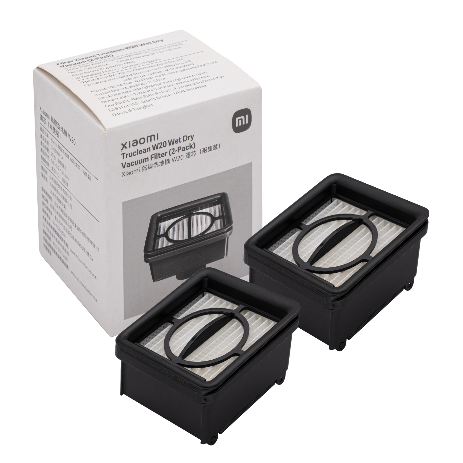 BHR8813GL_Xiaomi-Truclean-W20-Wet-Dry-Vacuum-Filter-2-Pack_wr_01bjpg - Computech-Solutions Xiaomi Truclean W20 Wet/Dry Vacuum Filter (2-Pack) box with two rectangular filters in front of it, viewed from a diagonal angle.