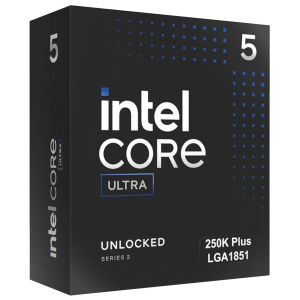 Packaging for Intel Core Ultra processor: black box with white 'intel core' text and blue dotted pattern, showing 'UNLOCKED SERIES 2' and '250K Plus LGA1851'