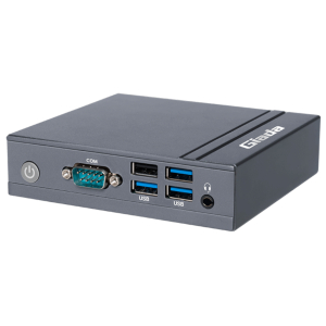 Compact gray mini PC front panel showing a power button, a VGA (COM) port, four USB 3.0 ports, and a headset jack; brand Gigabyte visible on top edge.