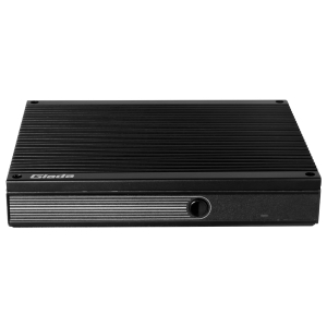 Black external storage drive with a ridged top and a circular power/status knob on the front panel