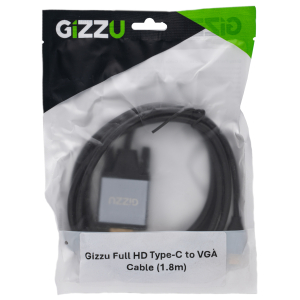 Gizzu Full HD Type-C to VGA Cable (1.8m) in plastic packaging, black cable coiled inside