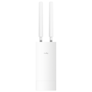 LT400-OUTDOOR_Cudy-LT400-4G-LTE-N300-300Mbps-Wi-Fi-Outdoor-Router_wr01-jpeg - Computech-Solutions White wireless router with two tall antennas and the 'cudy' logo on the front panel (dual‑antenna access point).