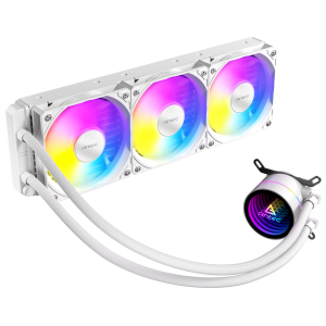 White radiator with three RGB-lit fans and braided tubes, part of an all-in-one CPU liquid cooler