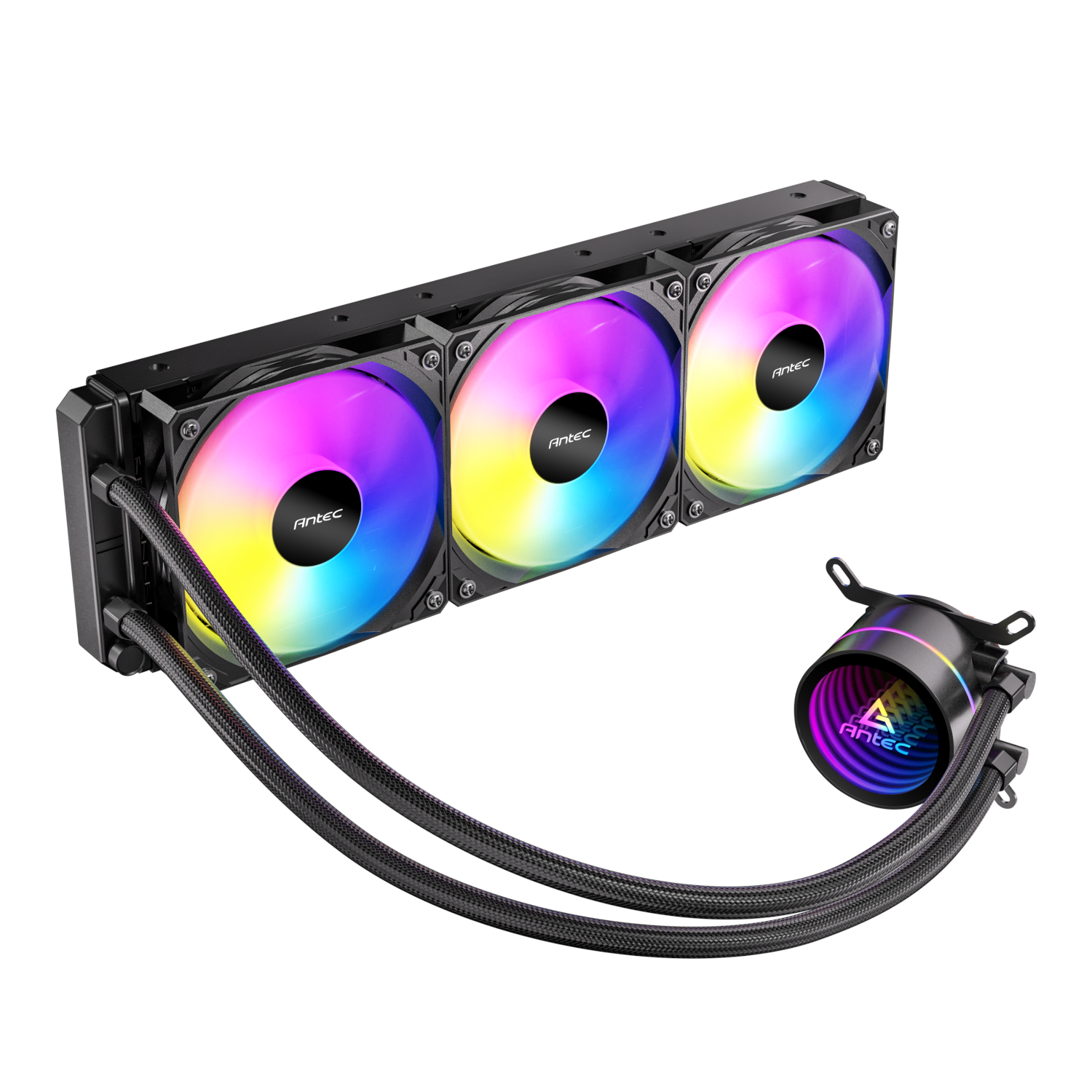 LUNA-360-ARGB_Antec-Luna-360-ARGB-CPU-Liquid-Cooler-Black_wr_01ajpg - Computech-Solutions Antec RGB liquid CPU cooler with three 120mm fans on a radiator and braided tubes