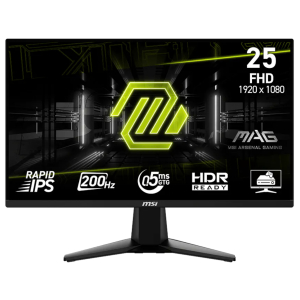 MAG-255F-E20_MSI-MAG-255F-E20-25-inch-FHD-200Hz-IPS-Gaming-Monitor-Black_wr_01ajpg - Computech-Solutions Front view of an MSI gaming monitor advertising a 25-inch FHD (1920×1080) display with 200 Hz refresh rate, 0.5 ms GTG gray-to-gray response, HDR ready and Rapid IPS branding, MSI Arsenal Gaming logo visible on screen bezel area.