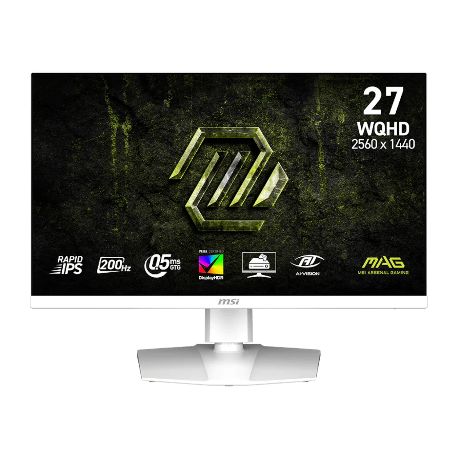 MAG-274QRFW-E20_MSI-MAG-274QRFW-E20-27-inch-WQHD-200Hz-IPS-Gaming-Monitor-White_wr_01ajpg - Computech-Solutions 27-inch MSI gaming monitor on a stand, showing the MSI logo on a dark textured screen with feature icons along the bottom edge and a 27 label at top-right (WQHD 2560x1440).
