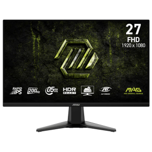 27-inch MSI gaming monitor on a dark textured background with logo and feature icons (27 FHD 1920x1080)