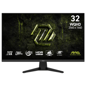 32-inch MSI gaming monitor on a black stand, with a textured dark background and MSI logo on screen; specs listed in the corner (WQHD 2560×1440, 32)