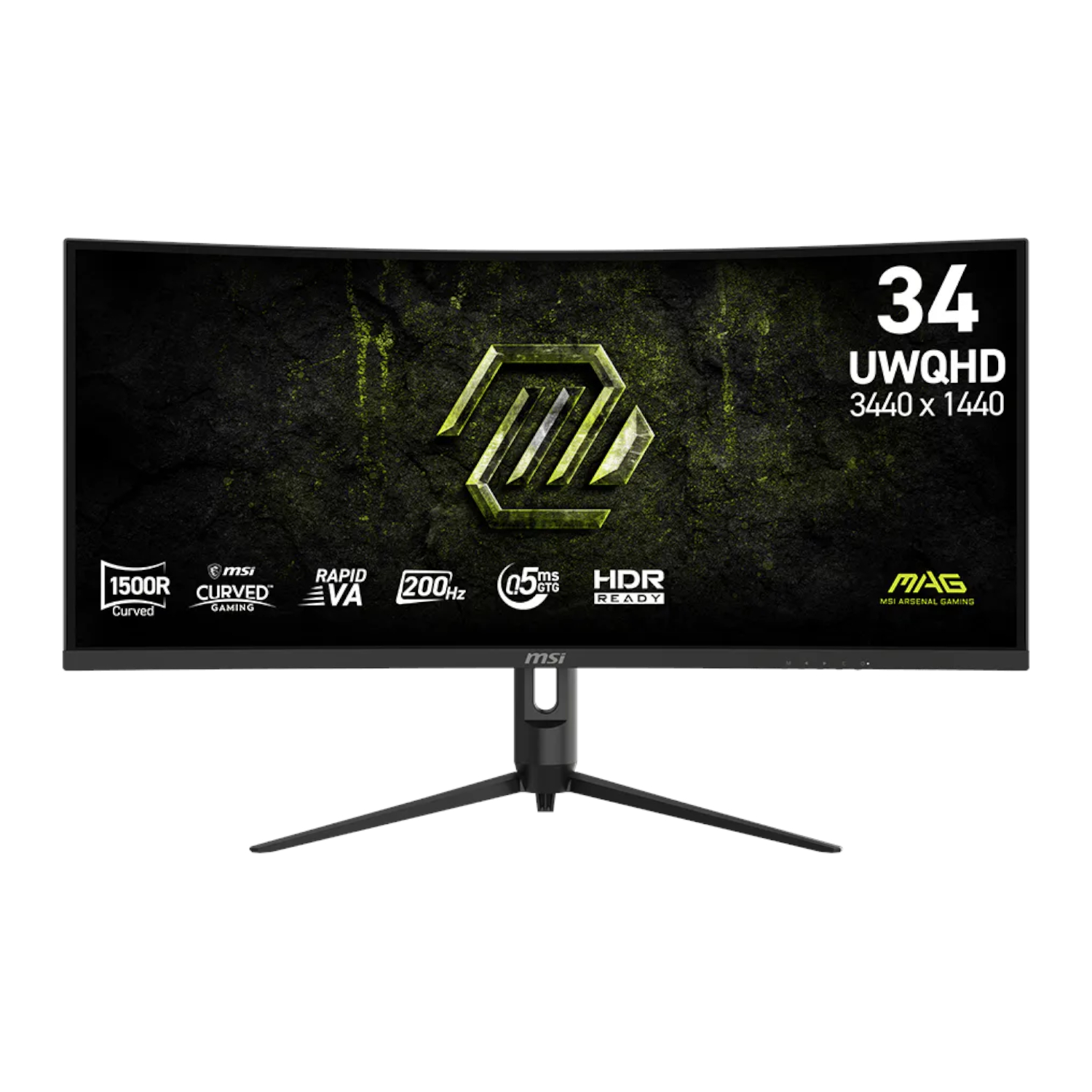 MAG-342CQRF-E20_MSI-MAG-342CQRF-E20-34-inch-UWQHD-200Hz-VA-Curved-Gaming-Monitor-Black_wr_01ajpg - Computech-Solutions 34-inch curved MSI gaming monitor on a stand, dark textured background with logos on the screen surface