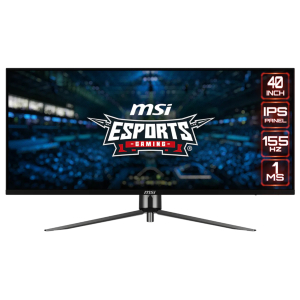 40-inch MSI esports gaming monitor on a stand, blue stadium background, with 155 Hz and 1 ms icons on the right.