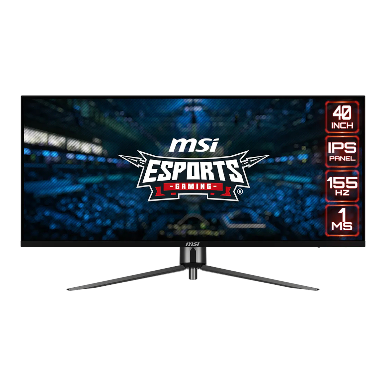 MAG401QR_MSI-MAG-401QR-UWQHD-155Hz-Ultra-Wide-Gaming-Monitor-Black_wr_01ajpg - Computech-Solutions 40-inch MSI esports gaming monitor on a stand, blue stadium background, with 155 Hz and 1 ms icons on the right.