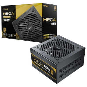 Boxed Antec MEGA 1000W fully modular power supply with black and gold packaging, and a gray PSU unit shown in front.