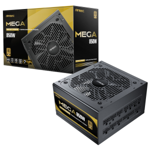 MEGA850_Antec-MEGA-850W-ATX31-80-Plus-Gold-PCIE-51-Fully-Modular-Power-Supply_wr_01jpg - Computech-Solutions Box and PSU unit: Antec Mega 850W full-modular power supply with black and gold design and large fan grille on a white background.