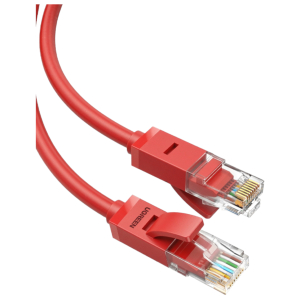 NW102-95507_UGREEN-RJ45-CAT6-Ethernet-05m-LAN-Network-Cable-Red-wr01-jpeg - Computech-Solutions Red Ethernet patch cable with RJ-45 connectors and visible gold contacts, close-up view
