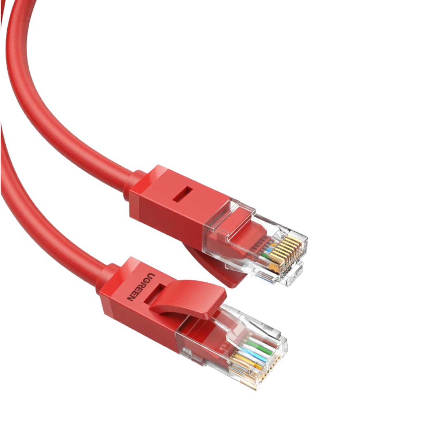 NW102-95507_UGREEN-RJ45-CAT6-Ethernet-05m-LAN-Network-Cable-Red-wr01-jpeg - Computech-Solutions Red Ethernet patch cable with RJ-45 connectors and visible gold contacts, close-up view
