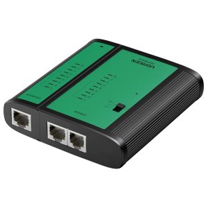 Compact three-port Ethernet switch with RJ-45 ports on the front and a green top panel
